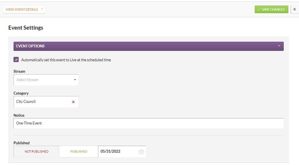 An example Event Details page.