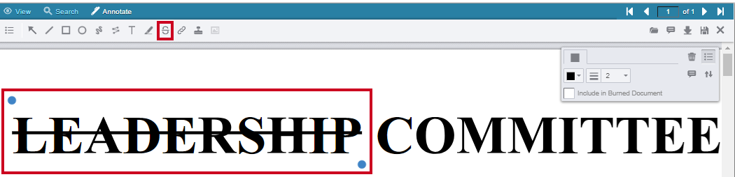 Strikethrough Annotation icon in the toolbar and example stricken-through text in the document.