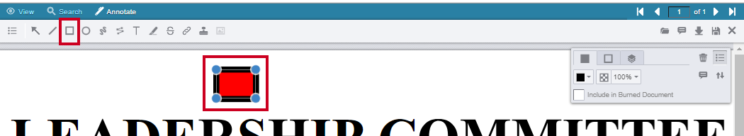 Rectangle Annotation icon in the toolbar and an example rectangle above the document text.