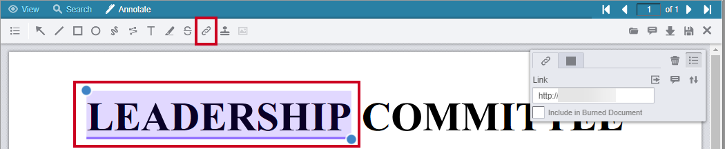 Text Hyperlink Annotation icon in the toolbar and example hyperlinked text within the document.