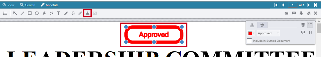 Stamp Annotation icon in the toolbar and an example Approved stamp above the document text.