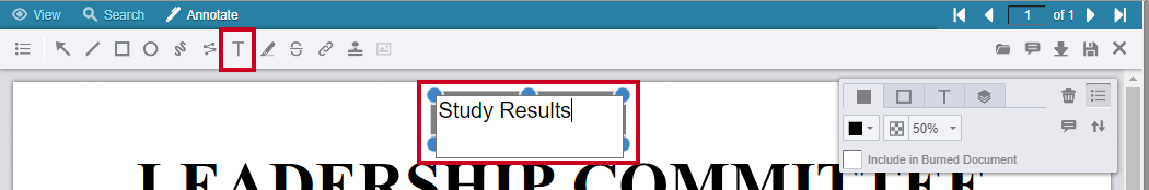Text Annotation icon in the toolbar with an example textbox above the document text.