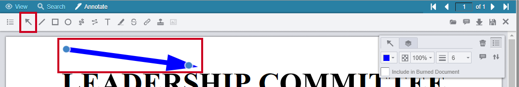 Arrow Annotation icon in the toolbar and an example arrow above the document text.