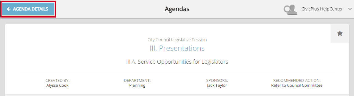 A blue, rectangular Agenda Details button in the top-left corner of the screen above the agenda, section, and item name section.