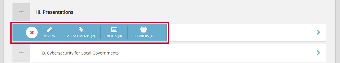 An expanded three-dot menu with a close icon and Review, Attachments, Notes, and Speakers fields.