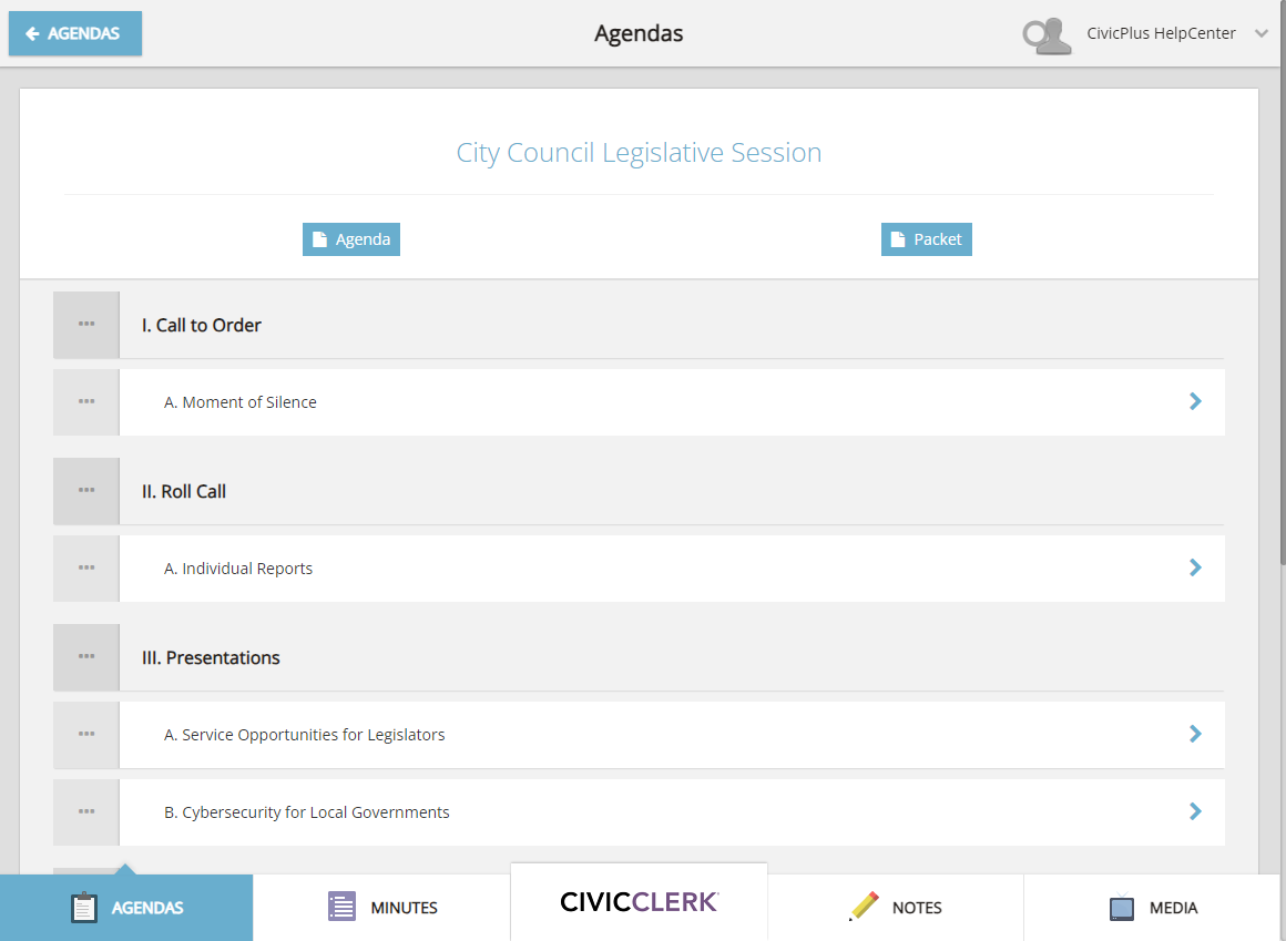 An example Board Portal agenda details page.