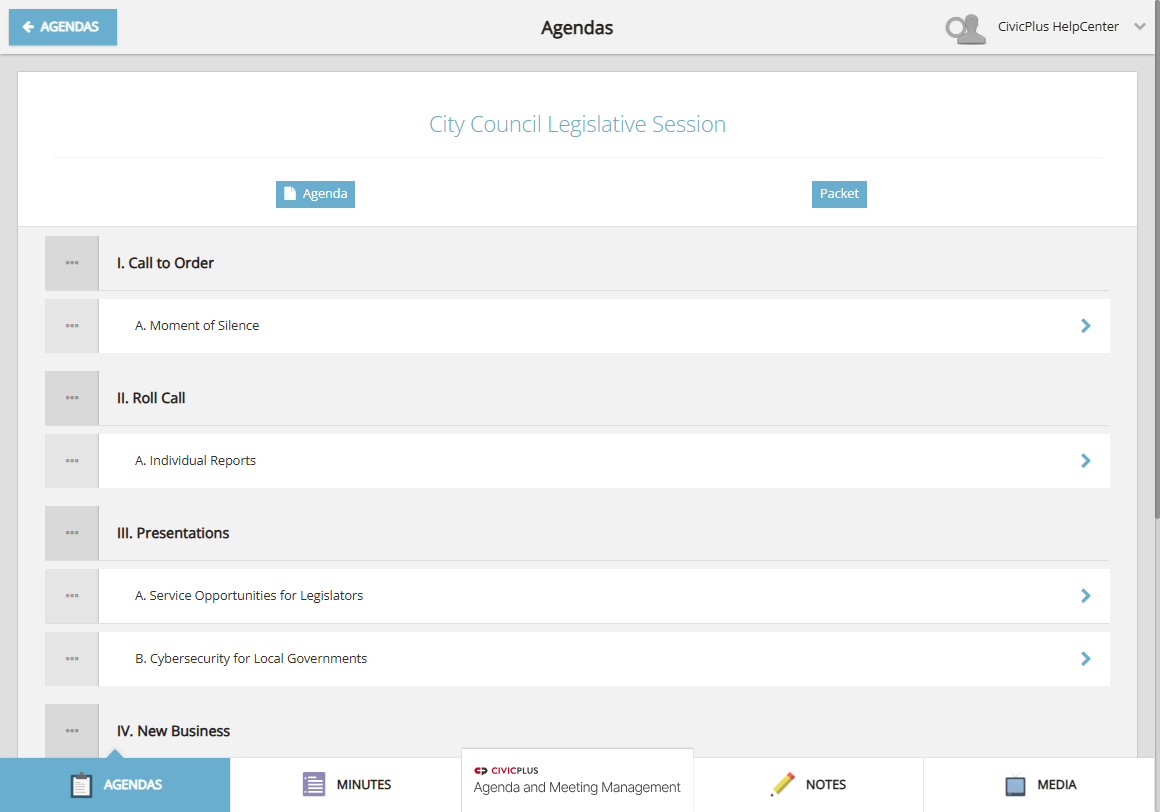 An example Board Portal agenda details page.