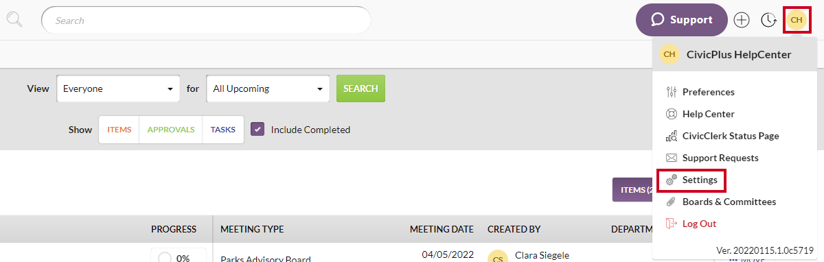 user menu, settings
