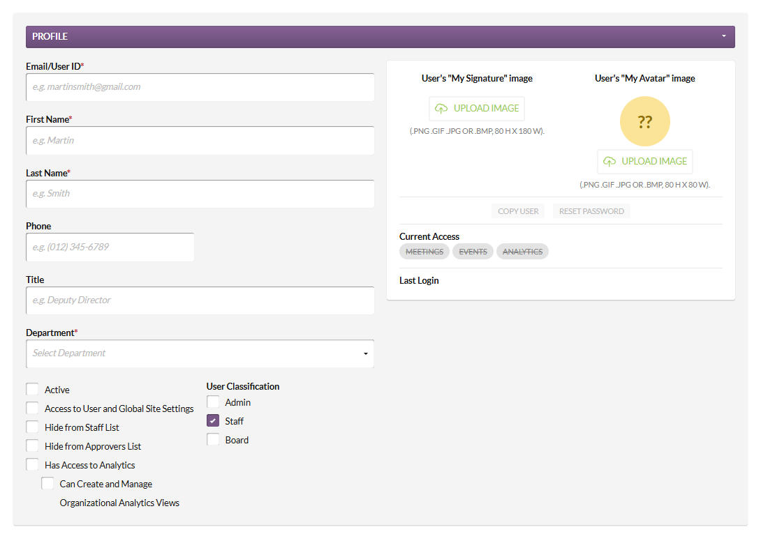 new user profile fields