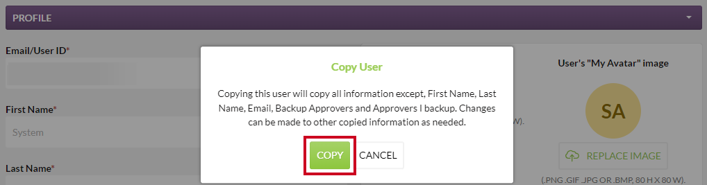 copy user pop-up window, copy button