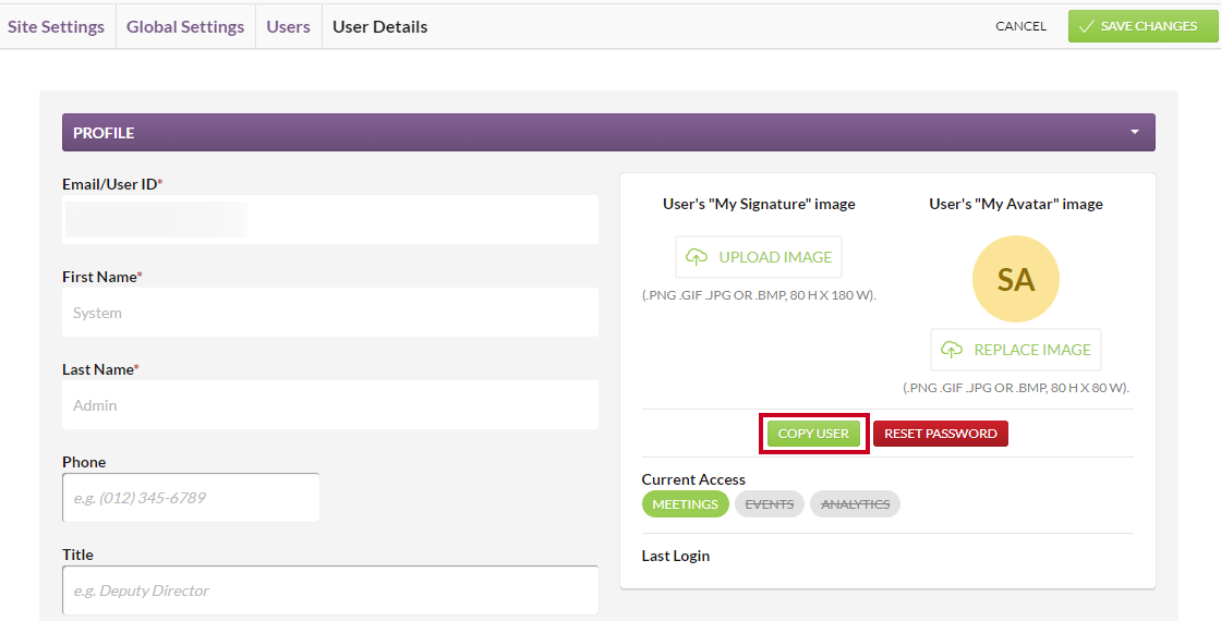 The green, rectangular Copy User button, which appears below the User's 'My Signature' image section.