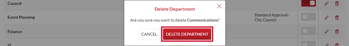 delete department pop-up, delete department button