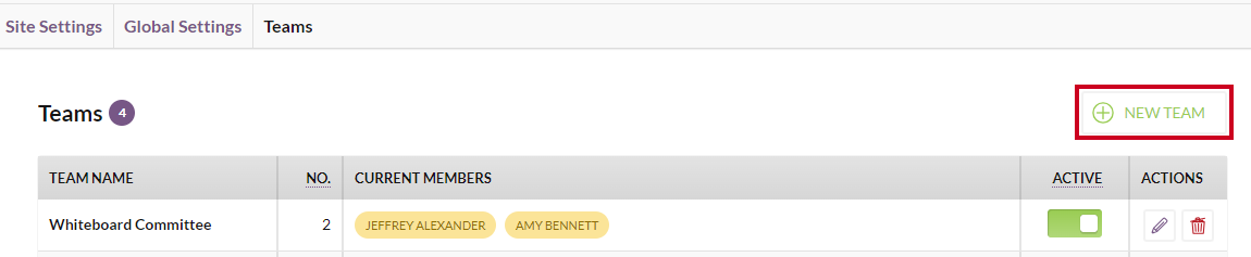 The white, rectangular New Team button in the upper-right corner of the Teams section.