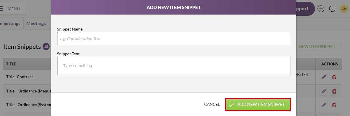 add new item snippet button