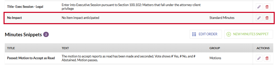 An example item snippet within the Item Snippets list.