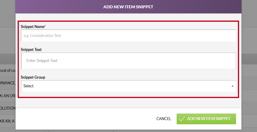 snippet name and text box