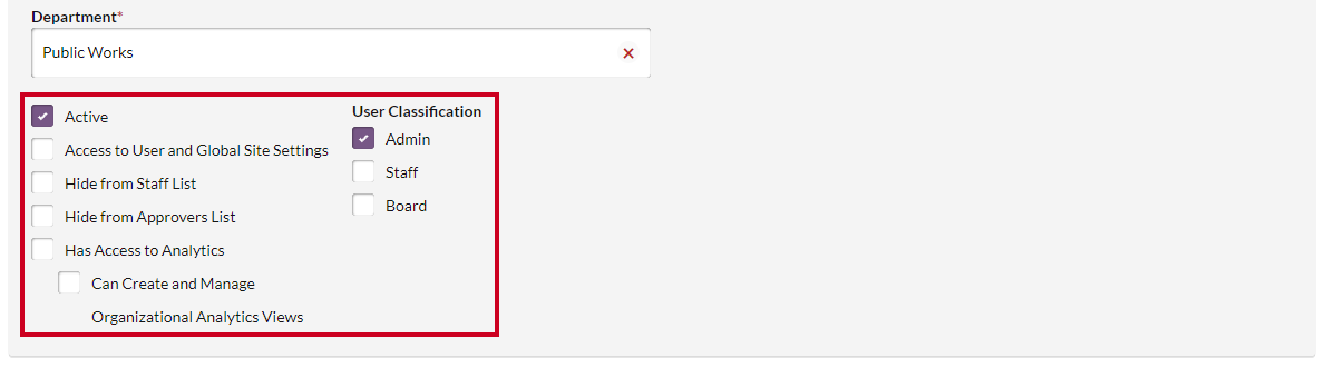 User Access and User Classification checkboxes.