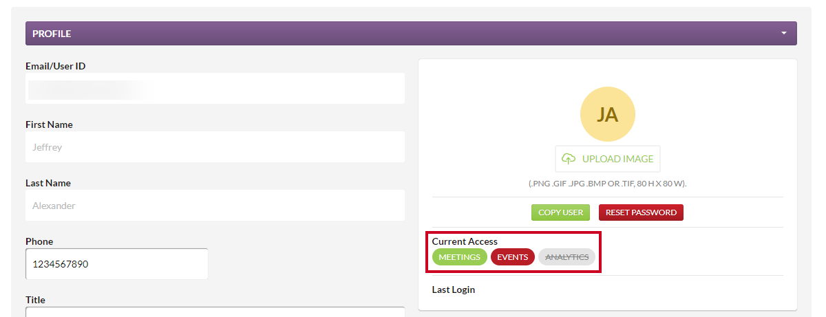 A display of the user's current access settings.