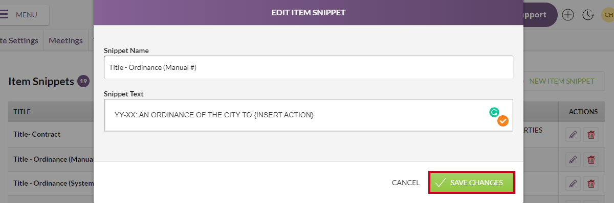 edit item snippet window, save changes button
