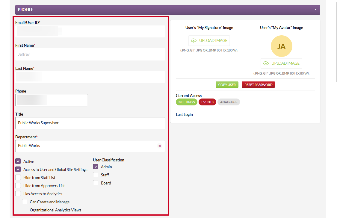 The Profile section information fields.