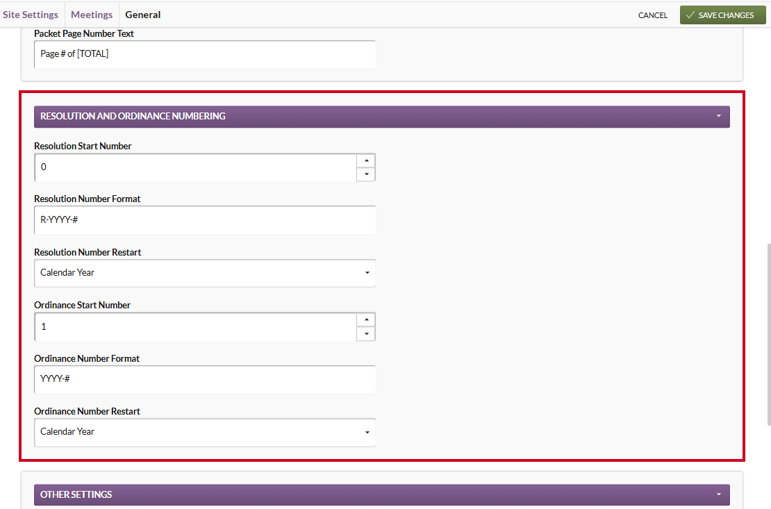 resolution and ordinance numbering options