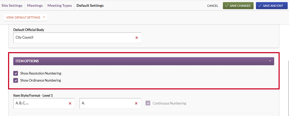 show resolution and ordinance numbering checkboxes
