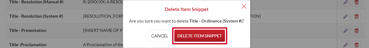 delete item snippet pop-up