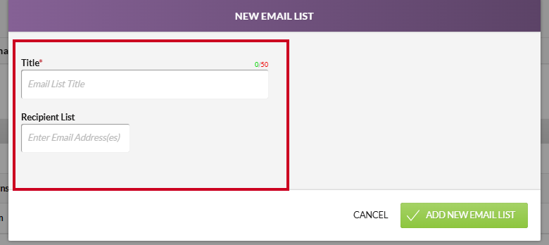 The New Email List modal information fields.