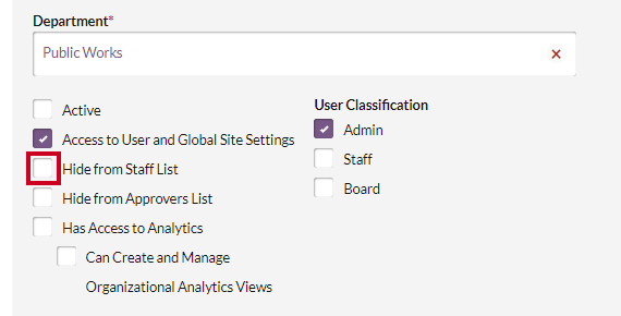 Hide from staff list checkbox.