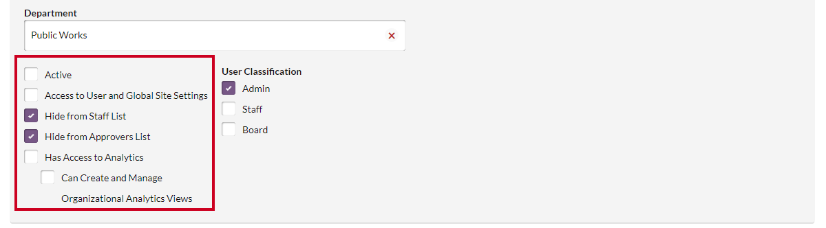 user access checkboxes