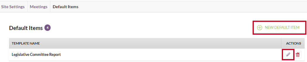 The white, rectangular New Default Item button and the Edit button on the Default Items page.