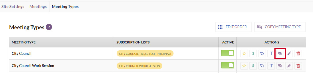An example Default Items button under the Actions column.