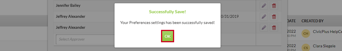 A green, square Ok button on the Successfully Save! confirmation pop-up.
