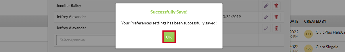 successfully save pop-up, okay