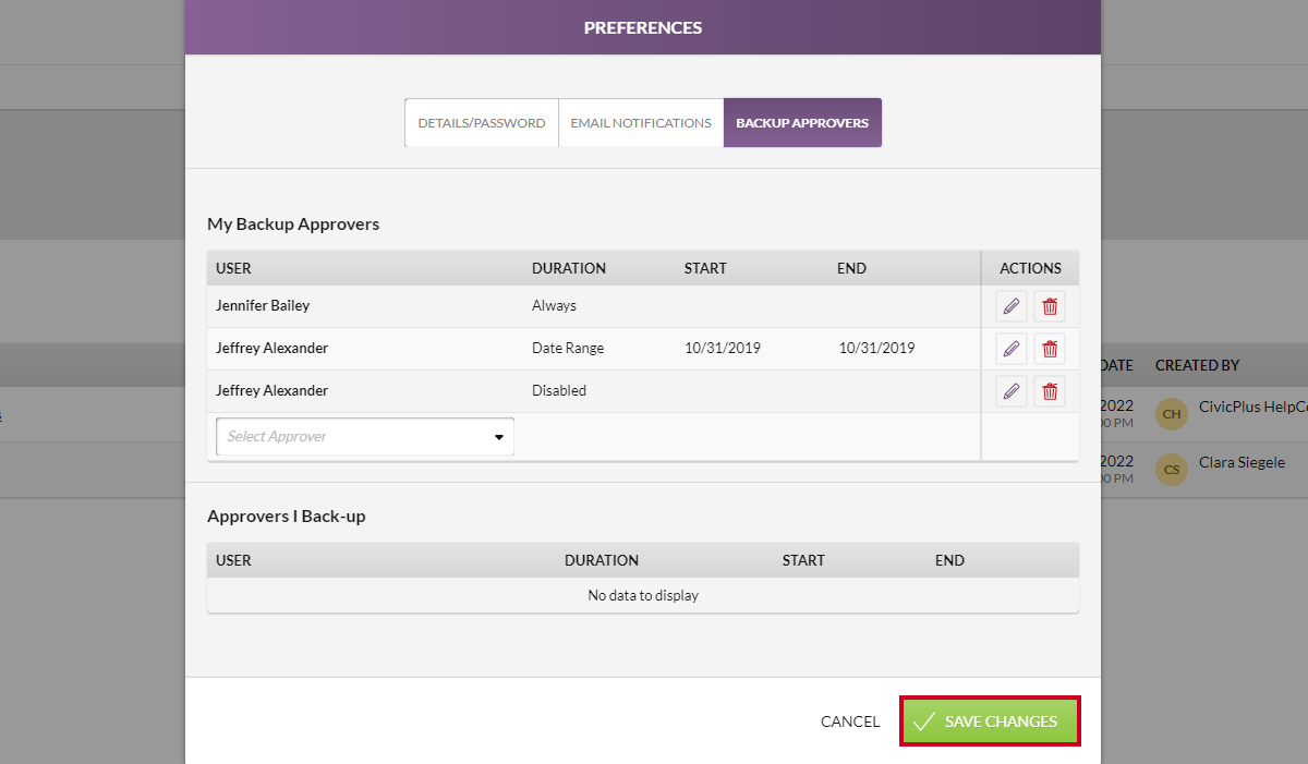 A green, rectangular Save Changes button in the bottom-right corner of the Preferences modal.