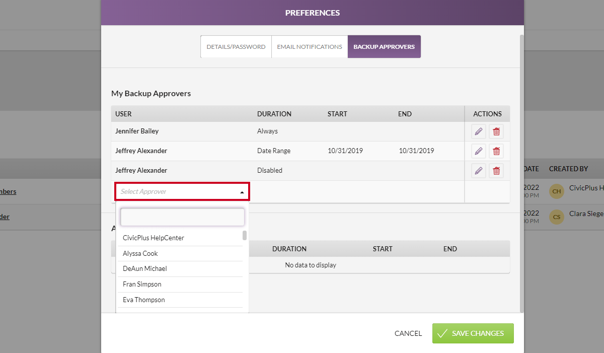 The Select Approver drop-down menu.