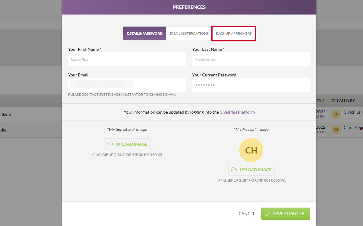 backup approvers tab