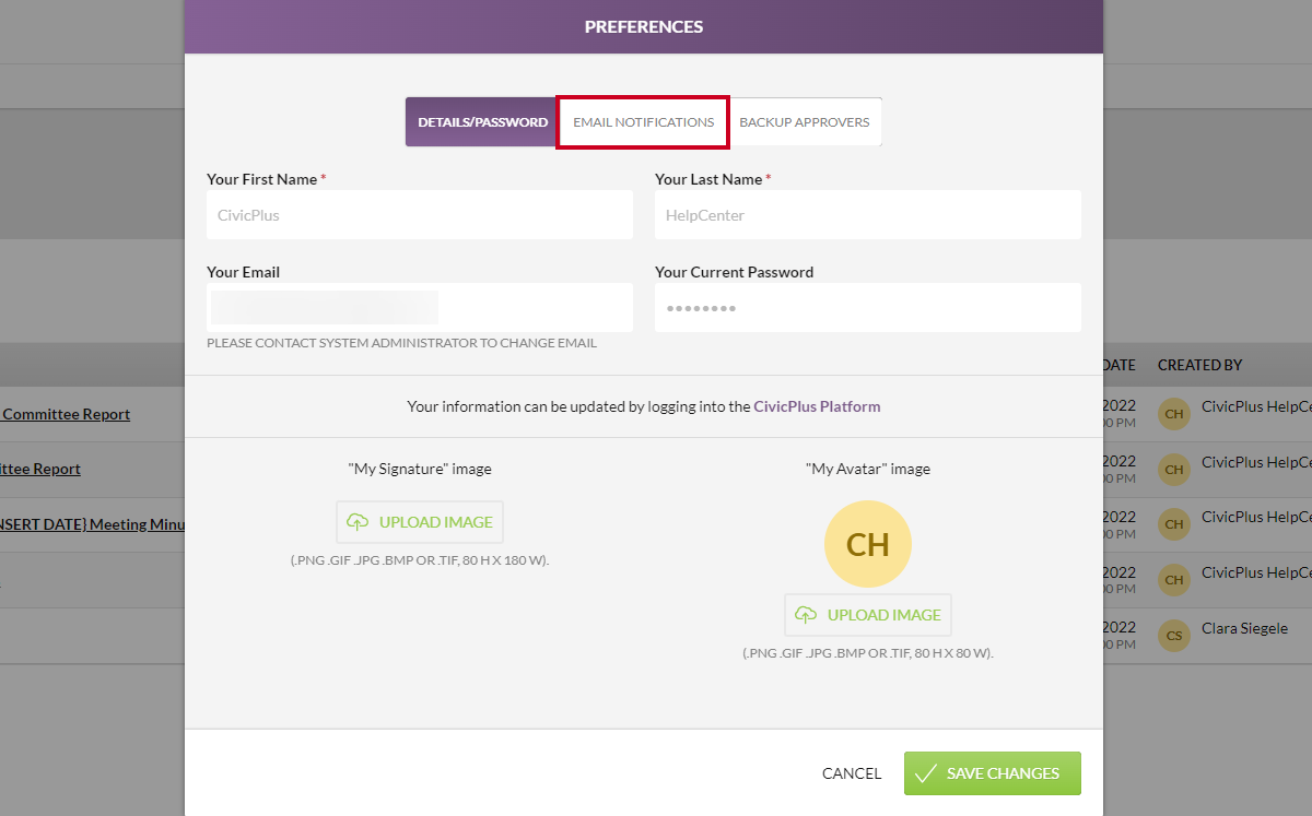 email notifications tab