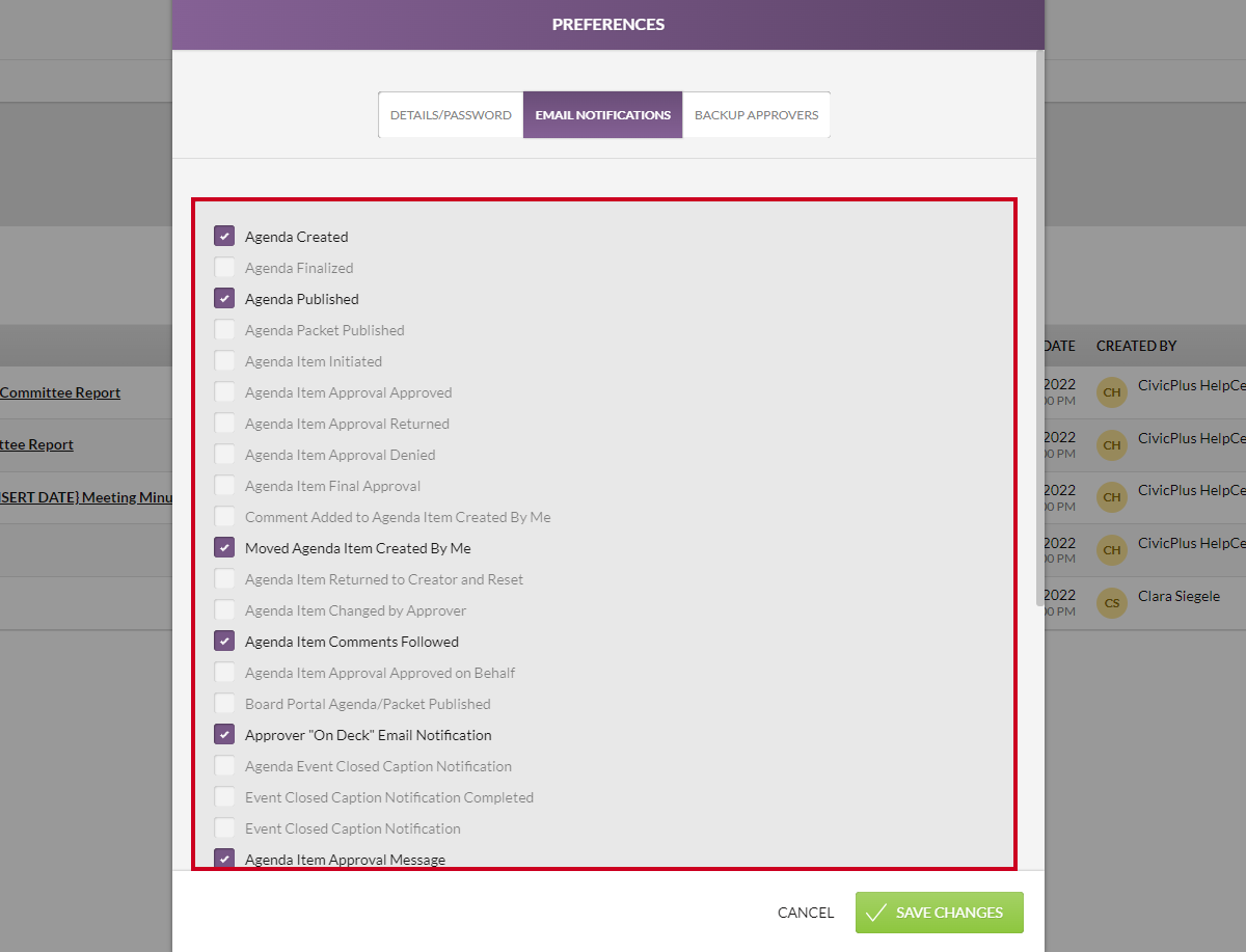 notification options checkboxes