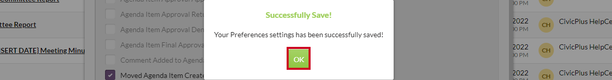 successfully save confirmation pop-up okay button