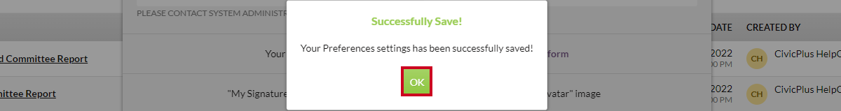 successfully save confirmation pop-up