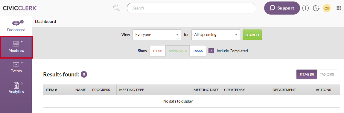 left-hand menu, meetings module