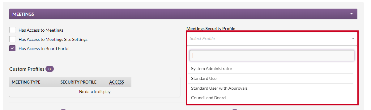 The Meetings Security Profile dropdown list.