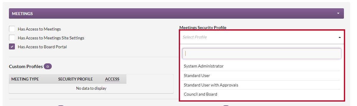 meetings security profile drop-down menu