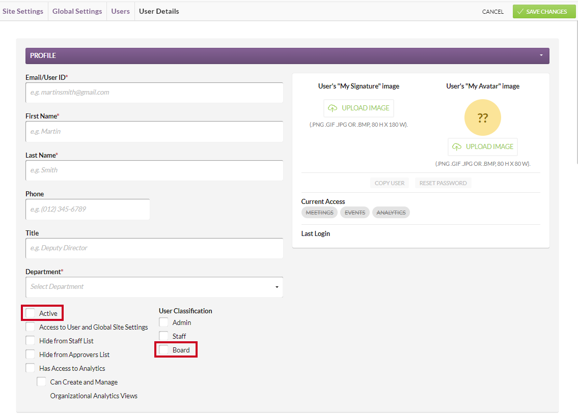 The Active and Board checkboxes.