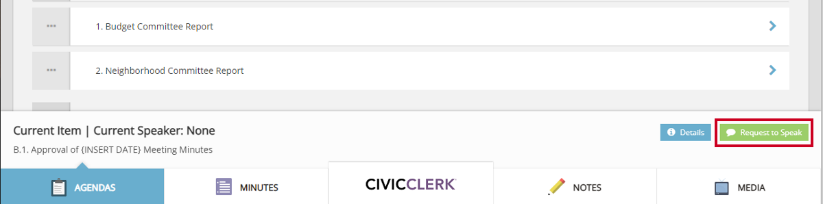 A green, rectangular Withdraw Request button in the bottom-right corner of the agenda details page above the white, rectangular Media tab.