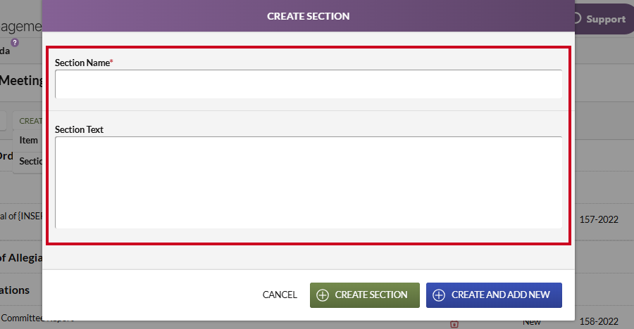 The information fields on the Create Section modal.