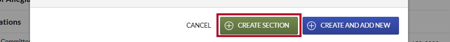 The green, rectangular Create Section button in the lower-right corner of the Create Section modal.