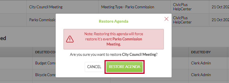 A restore confirmation popup message.