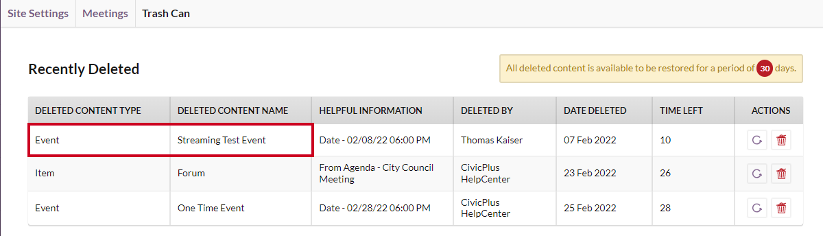 trash can, locate deleted event, item, or agenda